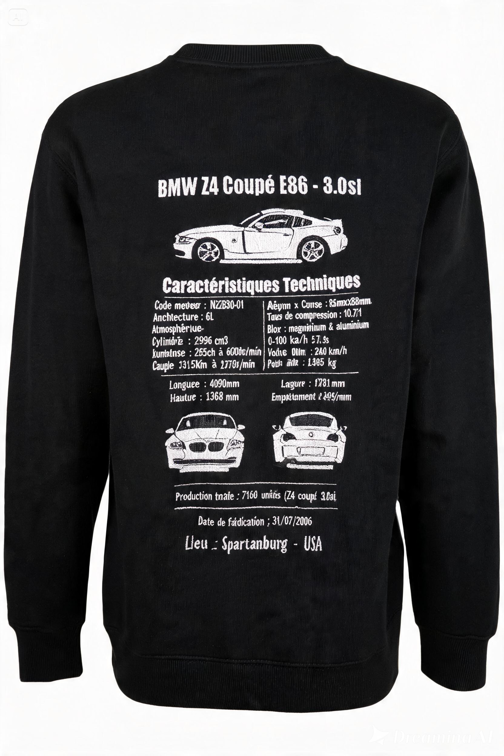 Affichez votre passion automobile avec un pull personnalisé inspiré des fiches techniques constructeur. À partir de votre véhicule, je crée un design unique regroupant illustrations, caractéristiques techniques et détails emblématiques de votre voiture pour un rendu original et travaillé.